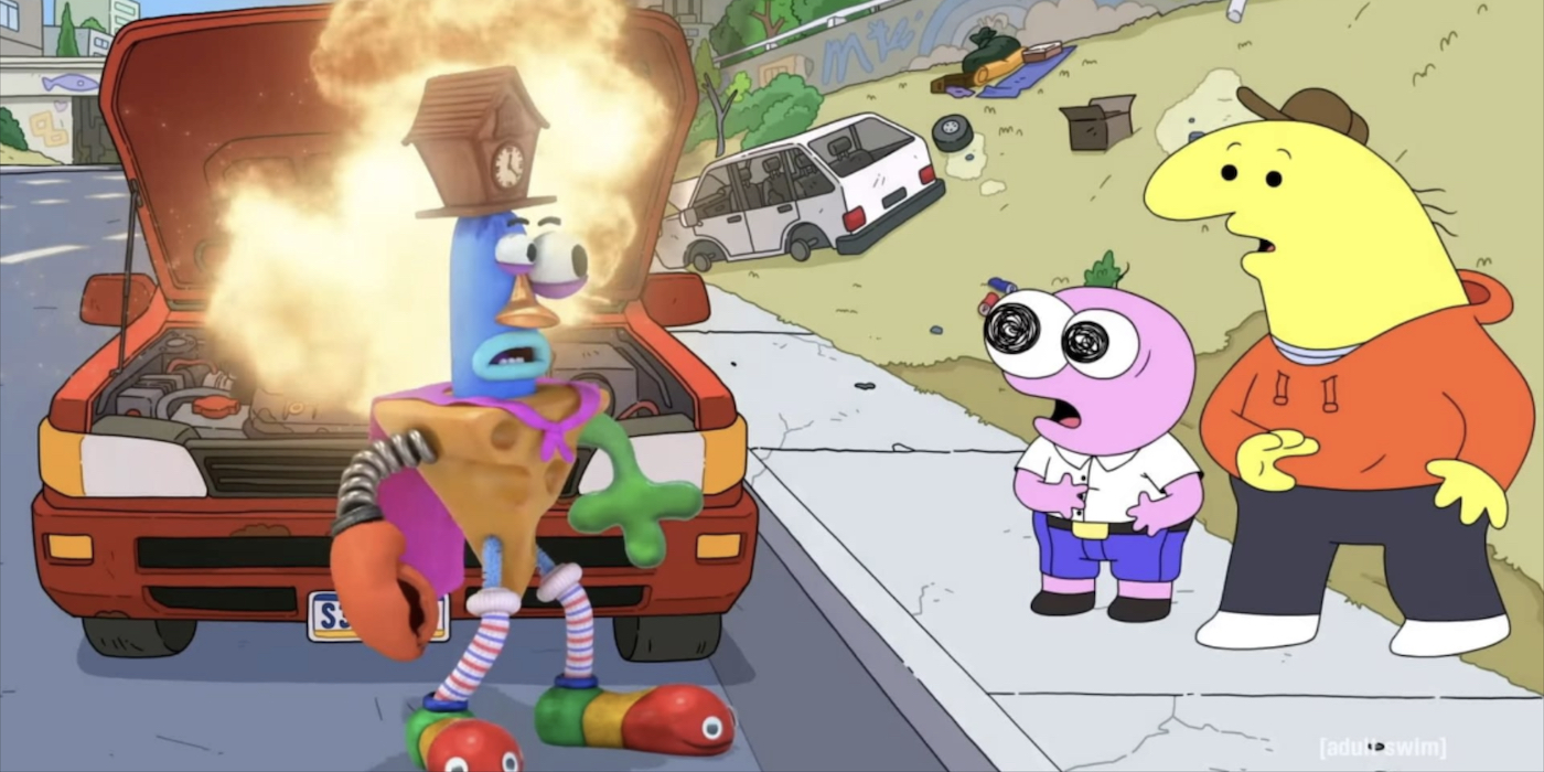 Silly Samuel is near a flaming car with Pim and Charlie in Smiling Friends.