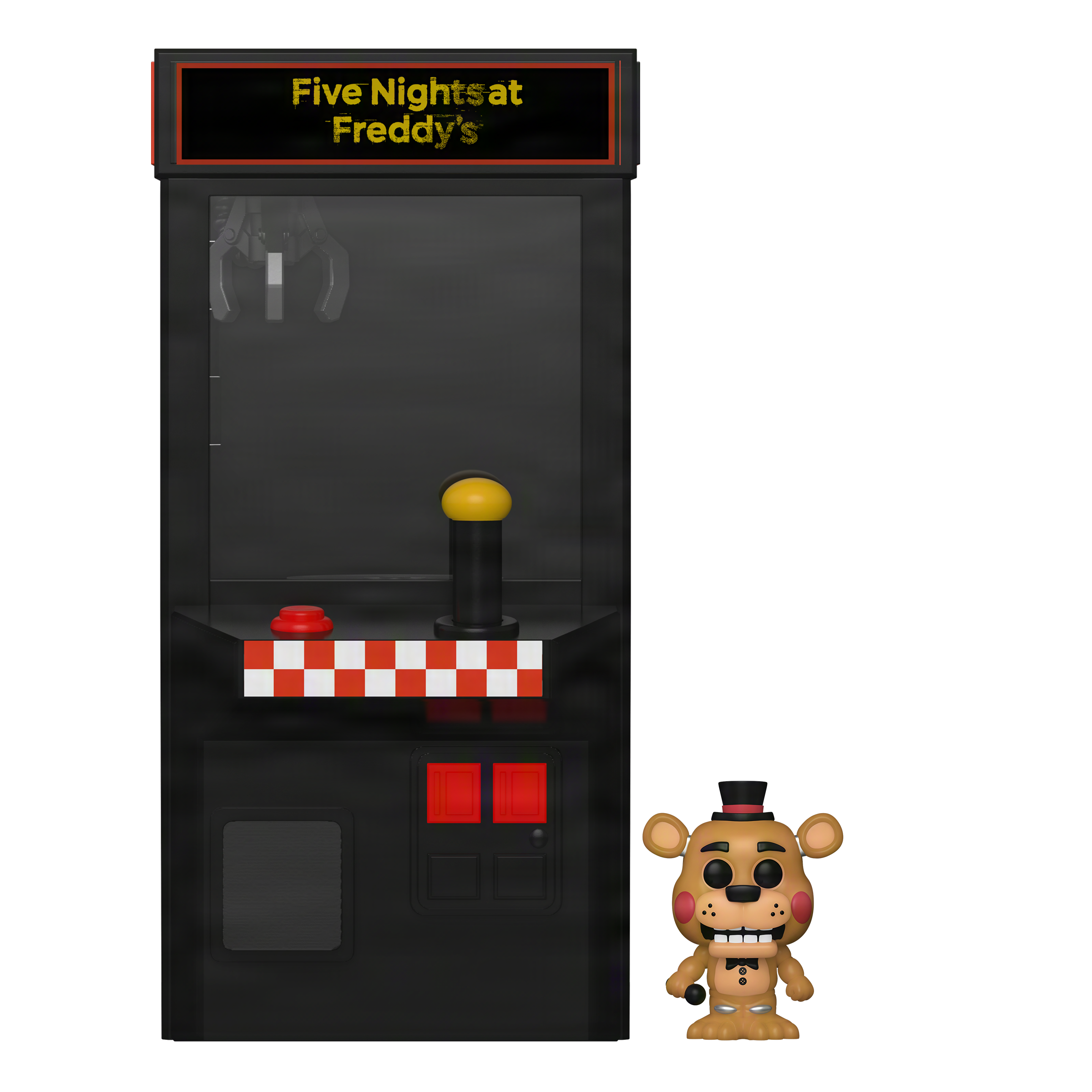 Toy Freddy next to arcade display case