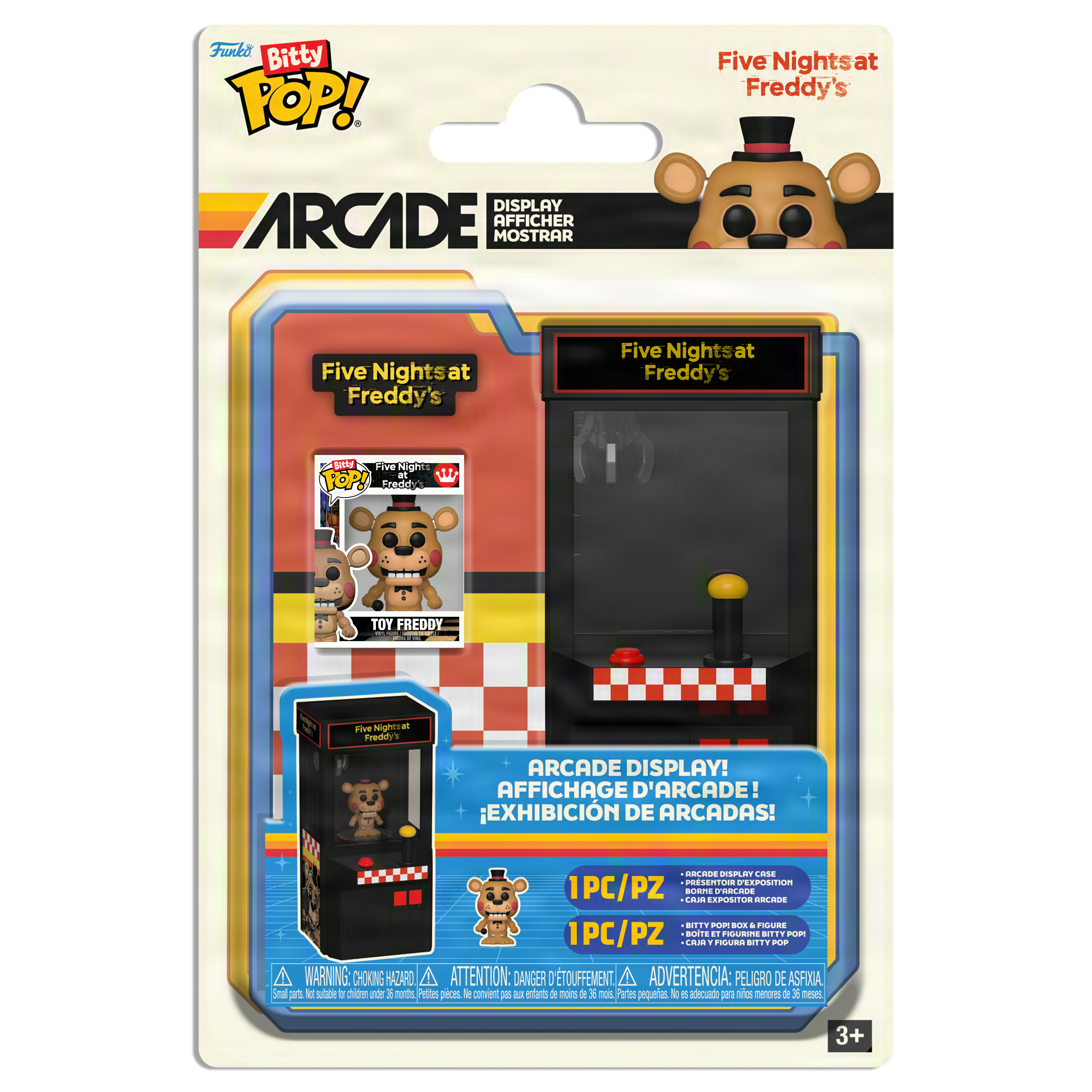 packagine for Bitty Pop Toy Freddy display- an arcade claw machine