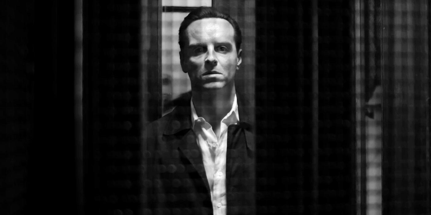 Andrew Scott as Tom Ripley, standing in an elevator that looks like a prison