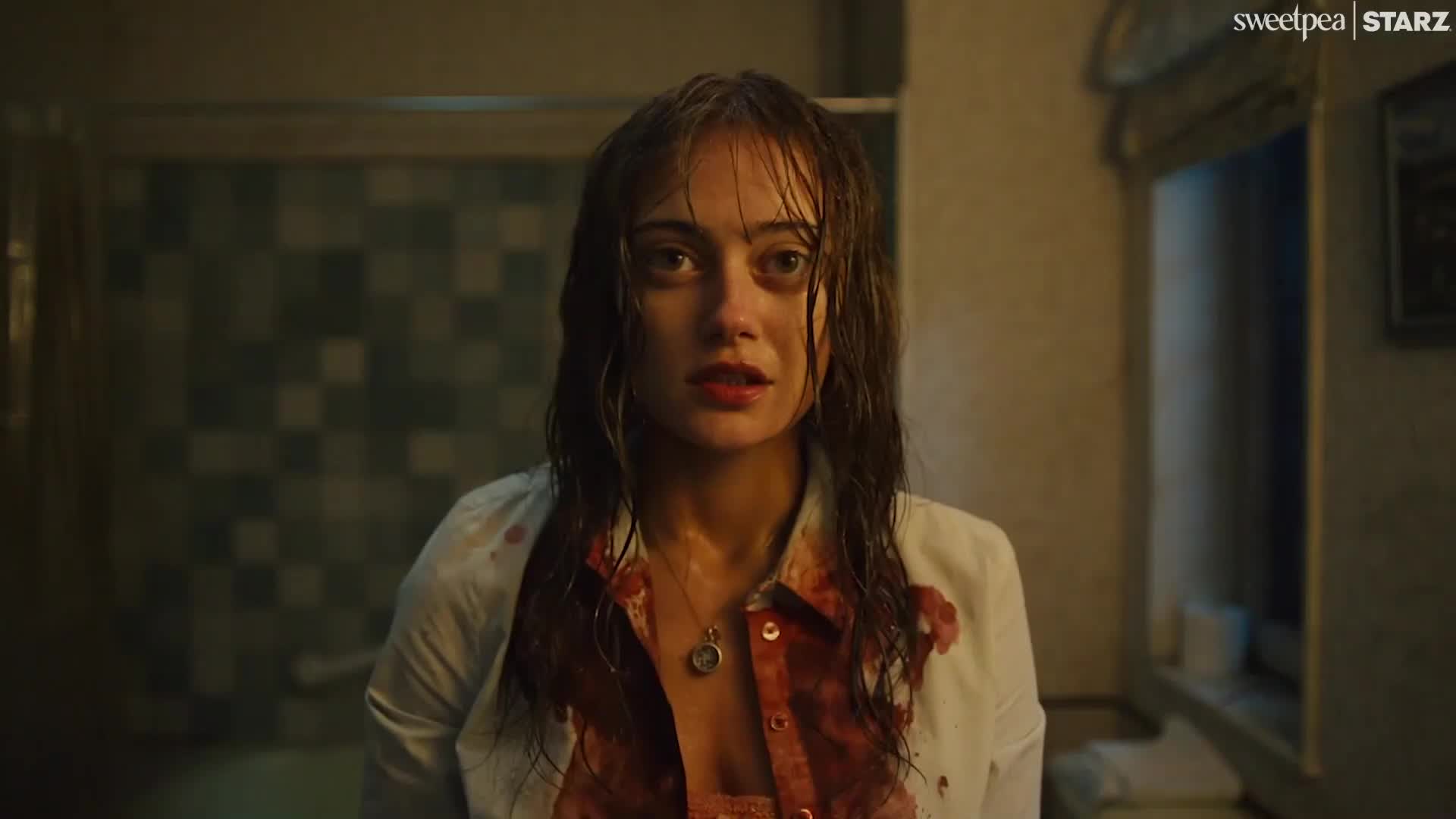 Ella Purnell as Rhiannon, wearing a bloody shirt - Sweetpea Season Two