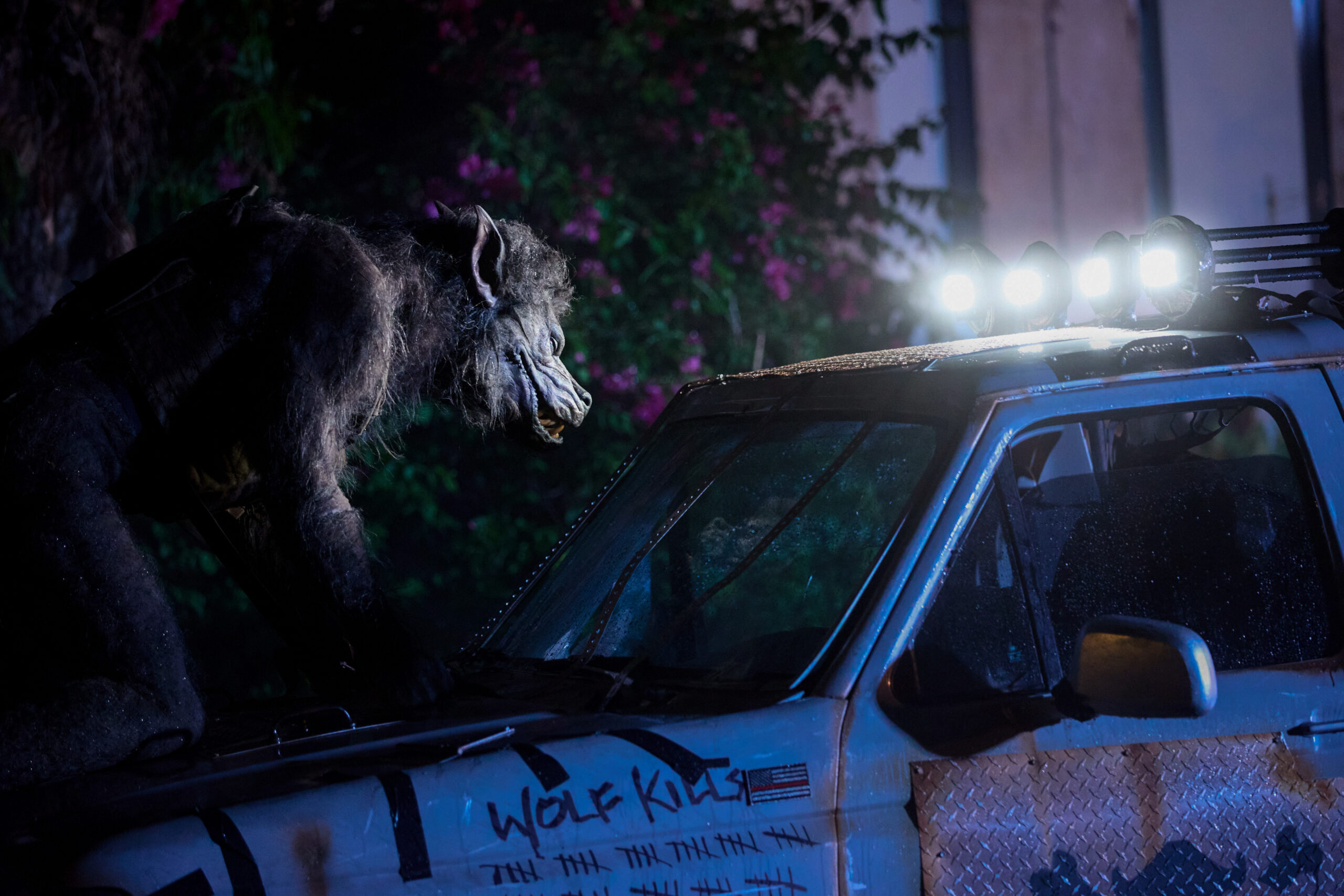 Werewolf smashing into car windshield in Werewolves from Steven C. Miller