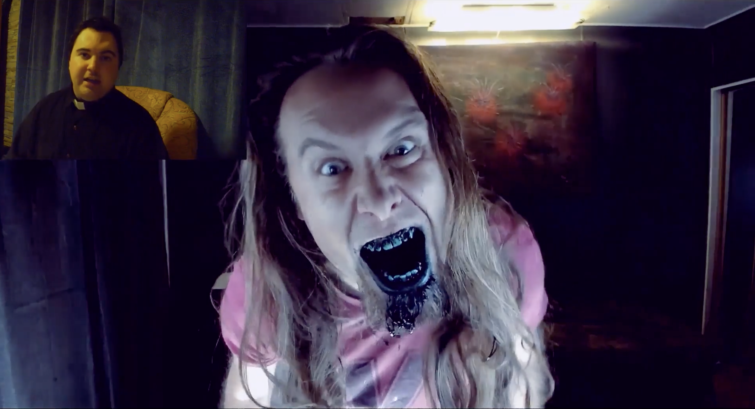 A screaming man with long hair and black bile coming out of his mouth with a picture-in-picture of a priest in the top left corner