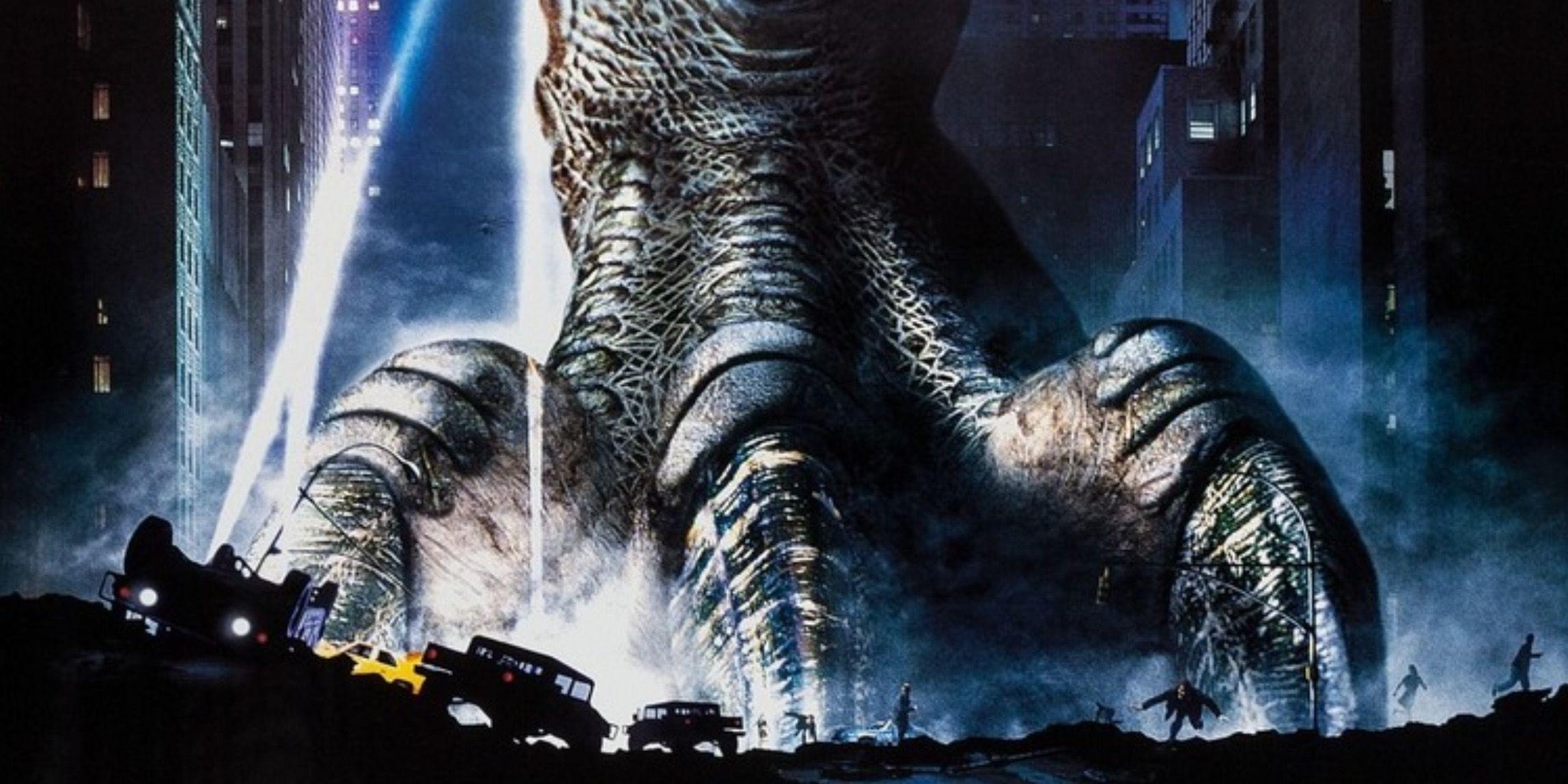 Godzilla stomping onto crowded street from book cover; Best Horror Movie Novelizations